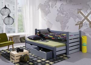 Detská posteľ z masívu borovice MATYÁŠ s prístelkou a šuplíkmi - 200x90 cm - grafit/sivá