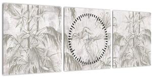 Obraz - Tropické rastliny na stene v šedej (s hodinami) (90x30 cm)