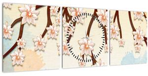 Obraz - Kvety na vetvách, farebné (s hodinami) (90x30 cm)