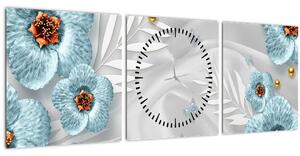 Obraz - 3D modré kvety (s hodinami) (90x30 cm)