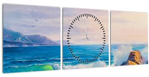 Obraz vĺn narážajúcich na útesy, olejomaľba (s hodinami) (90x30 cm)
