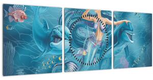 Obraz - Morská víla s delfínmi (s hodinami) (90x30 cm)
