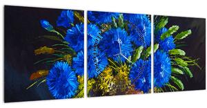 Obraz modrých kvetov vo váze (s hodinami) (90x30 cm)