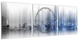 Obraz - Panoráma mesta, modro-šedé (s hodinami) (90x30 cm)