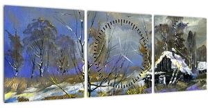Obraz chalúpky v zimnej krajine, olejomaľba (s hodinami) (90x30 cm)