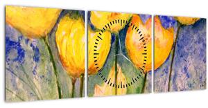 Obraz - Žlté tulipány (s hodinami) (90x30 cm)