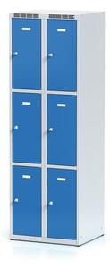 Šatníková skrinka s úložnými boxami, 6 boxov, 1800 x 600 x 500 mm, cylindrický zámok, modré dvere