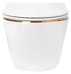 Rea CARLO mini - rimless závesná WC misa 49x37 s pomaly-padajúcim sedátkom, biela-zlatý okraj, REA-C1222
