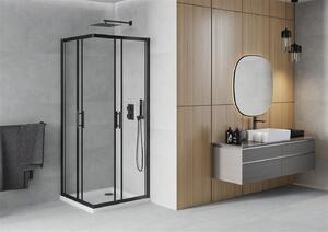Mexen Rio, sprchovací kút s posuvnými dverami 90x90x190 cm, 5mm číre sklo, čierny profil, biela sprchová vanička SLIM, 860-090-090-70-00-4010