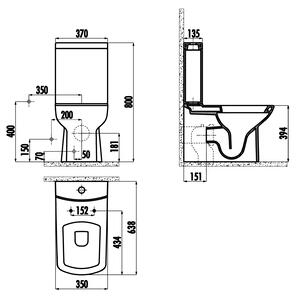 Sapho, LARA WC kombi, spodný/zadný odpad, splachovací mechanizmus, čierna matná, LR360