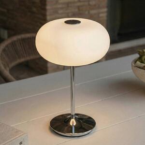 Lucande LED stolná lampa na akumulátor Anoria, chróm/biela, sklo, IP44, USB, Chrómová / strieborná, Obývacia izba / jedáleň, Sklo, Dizajn, Stojacie svietidlo