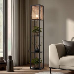 Lindby Stojacia lampa Birta, čierna/prírodná, polička, ratan, Čierna, Obývacia izba / jedáleň, Drevo, Moderný