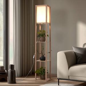 Lindby Stojacia lampa Birta, farba dreva/biela, polička, drevo, Svetlé drevo, Obývacia izba / jedáleň, Drevo, Moderný