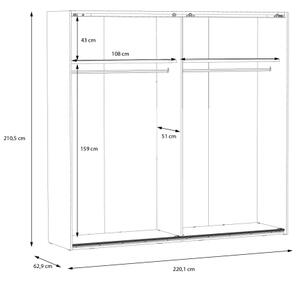 Šatníková skriňa so zrkadlom OREN 220x210 cm dub artisan