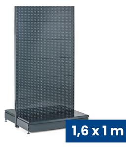 Predajný regál obojstranný, perfo steny, 1600 x 1000 x 900 mm, základný, antracit