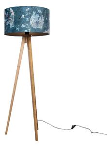Stojacia lampa na trojnožke, vintage drevo, zamatový tienidlo s motívom rýb, 50 cm - Tripod Classic