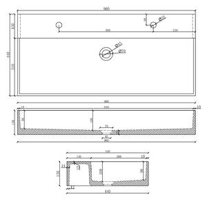QUADRADO betónové umývadlo vrátane výpuste, 96x44 cm, 2 otvory, biely pieskovec AR475