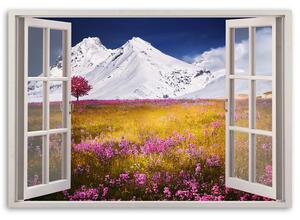 Obraz na plátne Okno - zasnežené hory Rozmery: 60 x 40 cm