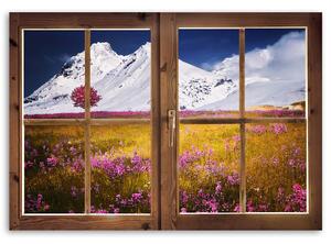 Obraz na plátne Okno - pohľad na zasnežené hory Rozmery: 60 x 40 cm