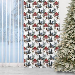 Vianočný záves s motívom - červený domček v lese 150 x 240 cm Biela