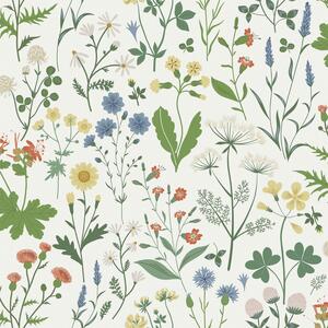 Biela vliesová tapeta na stenu, lúčne kvety, 139390, Vintage Flowers, Esta Home