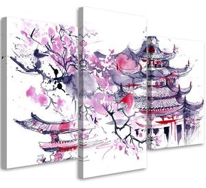 Obraz na plátne Maľovaná japonská pagoda a čerešňový kvet - 3 dielny Rozmery: 60 x 40 cm