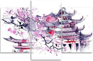 Obraz na plátne Japonská pagoda a čerešňový kvet - 3 dielny Rozmery: 60 x 40 cm