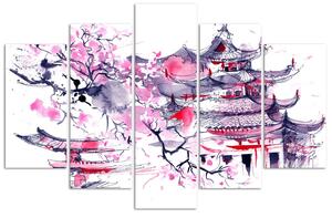 Obraz na plátne Japonská pagoda a čerešňový kvet - 5 dielny Rozmery: 100 x 70 cm