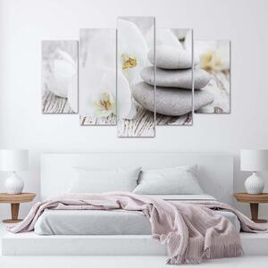 Obraz na plátne Biela zenová orchidea a kamene - 5 dielny Rozmery: 100 x 70 cm