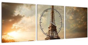 Obraz - Eiffelova veža, Paríž, Francúzsko (s hodinami) (90x30 cm)