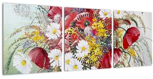 Obraz vázy s divokými kvetmi (s hodinami) (90x30 cm)