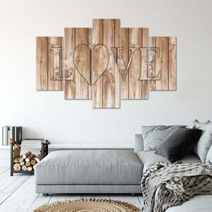 Obraz na plátne Nápis Love na hnedých doskách - 5 dielny Rozmery: 100 x 70 cm