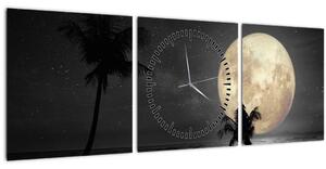 Obraz - Pláž za splnu v šedých tónoch (s hodinami) (90x30 cm)