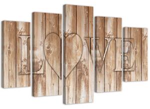 Obraz Nápis Love na hnedých doskách - 5 dielny Rozmery: 100 x 70 cm, Prevedenie: Obraz na plátne