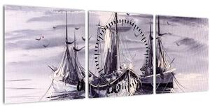 Obraz - Prístav, olejomaľba (s hodinami) (90x30 cm)