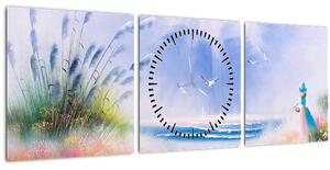 Obraz - Romantická pláž, olejomaľba (s hodinami) (90x30 cm)
