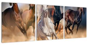 Obraz - Kone v púšti (s hodinami) (90x30 cm)