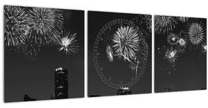 Obraz - Ohňostroj v Miami, čiernobiela (s hodinami) (90x30 cm)