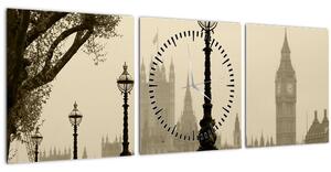 Obraz - Londýn v hmle, Anglicko (s hodinami) (90x30 cm)
