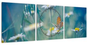 Obraz - Motýľ na sedmokráske (s hodinami) (90x30 cm)