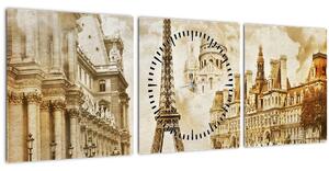 Obraz - Parížske pamiatky (s hodinami) (90x30 cm)