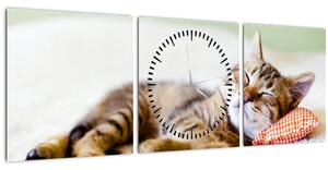 Obraz - Spiace mačiatko (s hodinami) (90x30 cm)