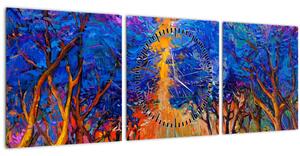 Obraz - jesenné koruny stromov, moderný impresionizmus (s hodinami) (90x30 cm)