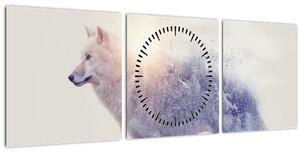 Obraz - Arktický vlk zrkadliaci divokú krajinu (s hodinami) (90x30 cm)