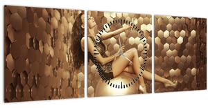 Obraz ženy v zlatej miestnosti (s hodinami) (90x30 cm)
