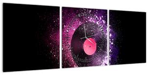 Obraz - Vinylová doska v ružovo-fialových (s hodinami) (90x30 cm)