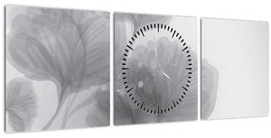 Obraz kvetov v šedých odtieňoch (s hodinami) (90x30 cm)