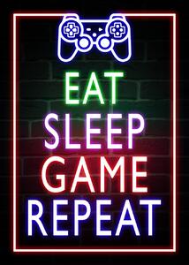 Umelecká tlač Eat Sleep Game Repeat-Gaming Neon Quote, (30 x 40 cm)