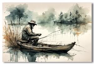 Obraz rybára v loďke na pokojnom jazere 100x130cm