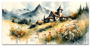 Obraz na plátne – kostolík v horách a kvetinová lúka 80x160cm